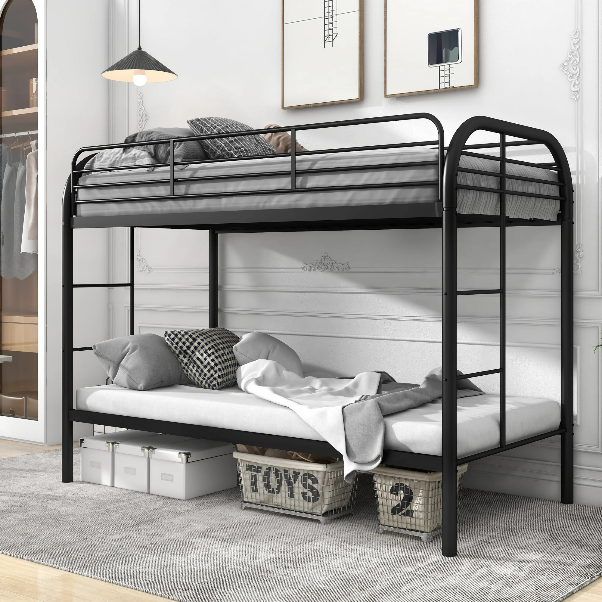 AMINY Bunk Bed Twin Over Twin, Steel Twin over Twin Bunk Bed with Ladders, Heavy Duty Bed for Kids Adults, Space-Saving, No Box Spring Needed, Black