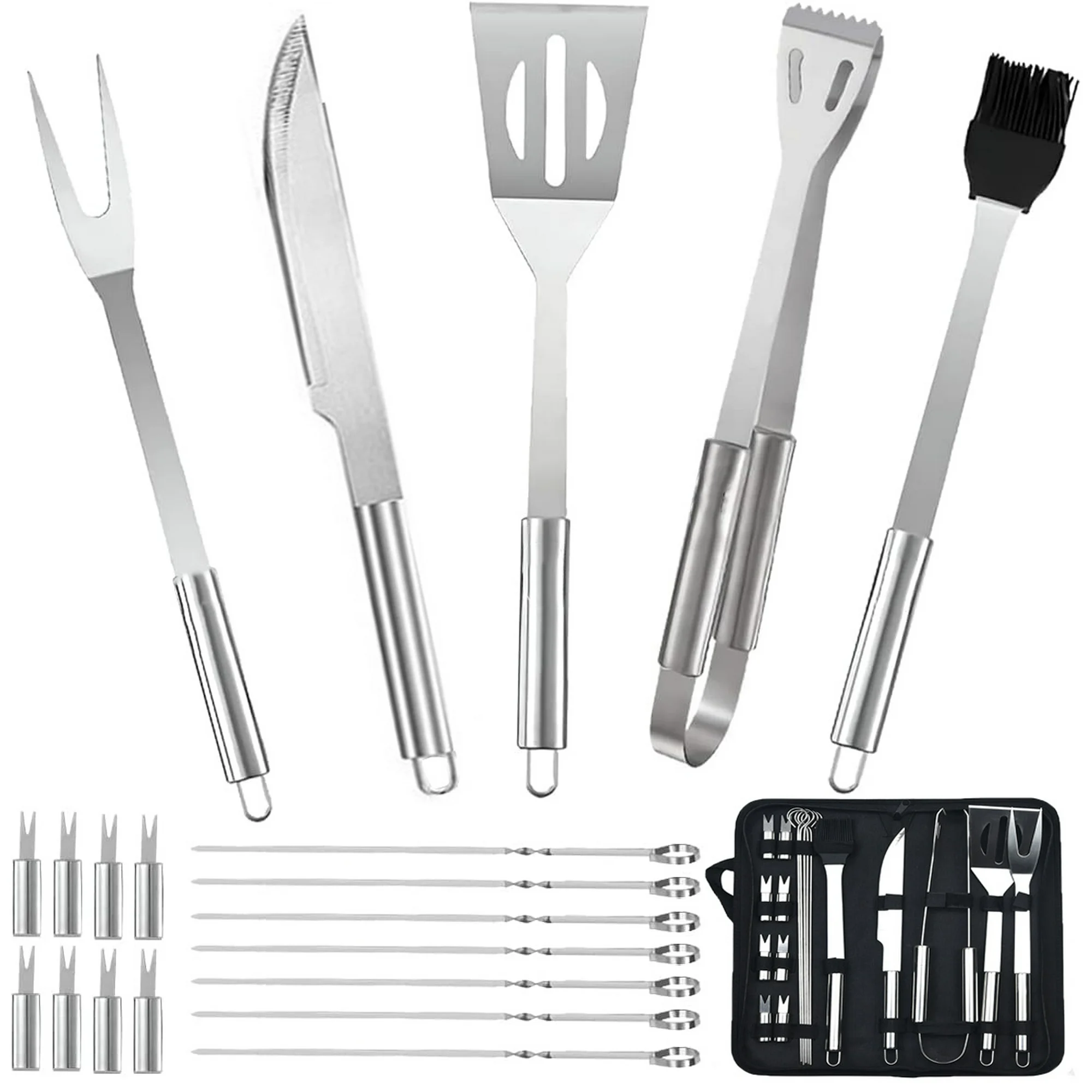 BBQ Accessories Set, 20pcs Stainless Steel Grill Tools for Outdoor Backyard Smoker, Stainless Steel Barbecue Grill Kit with Canvas Bag Gift, Grilling Cooking Gifts for Men Women