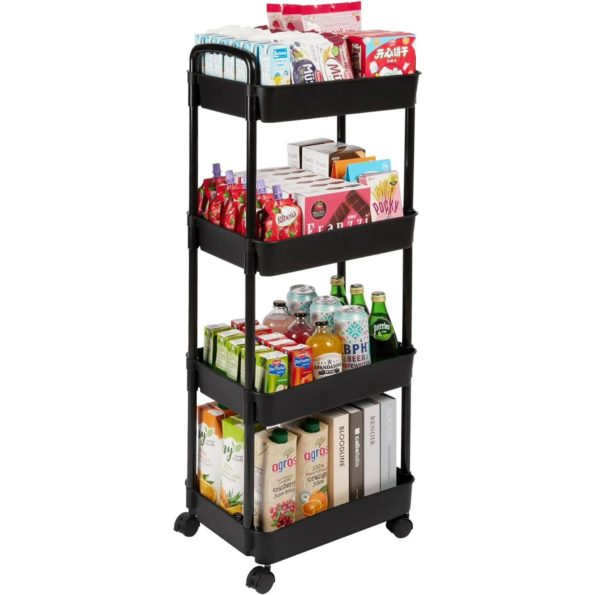 4-Tier Plastic Rolling Utility Cart with Handle, Multi-Functional Movable Storage Trolley for Office, Living Room, Kitchen, Storage Organizer with Wheels, Black