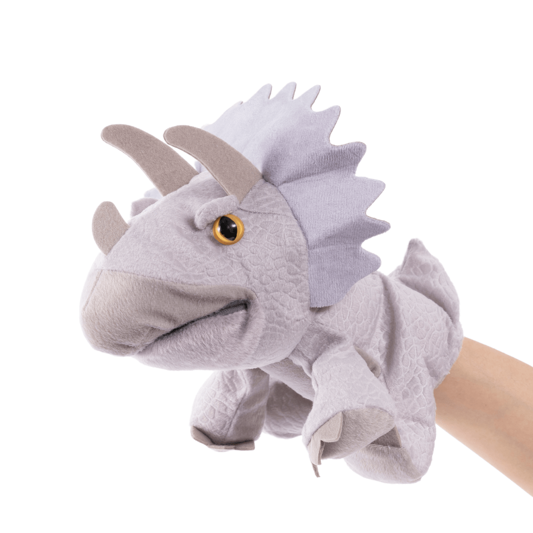 Adorable Plush Dinosaur Hand Puppet Interactive Cosplay Role Play Game Toy Gray Triceratops