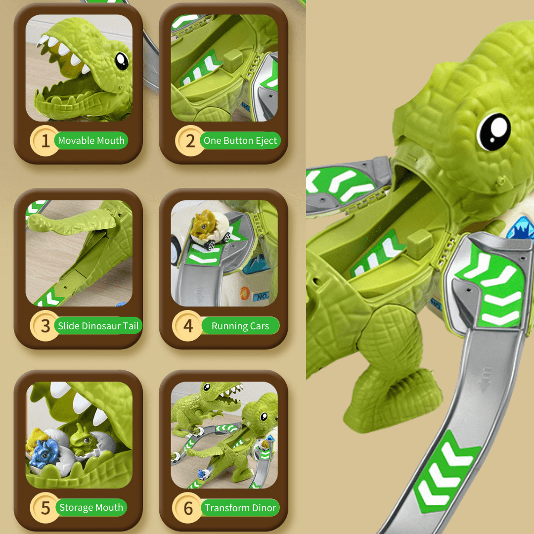 Dinosaur Transformed Sliding Track Toy with Mini Cars One Button Eject 1 Set