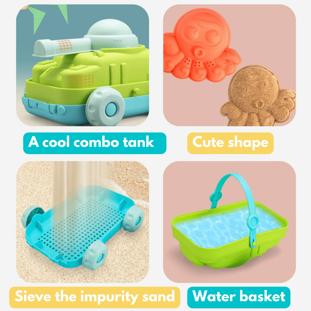 Dinosaur Sand Toys Beach Toys Set with Basket Molds Digger Scoop Shovel Tank Truck Beach toy set