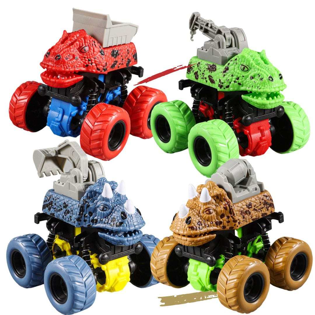 Dinosaur Stunt Car Engineering Vehicle 4 Wheels Drive Off Road Inertial Excavator Truck Toy Christmas Gifts for Kids 4 Pack