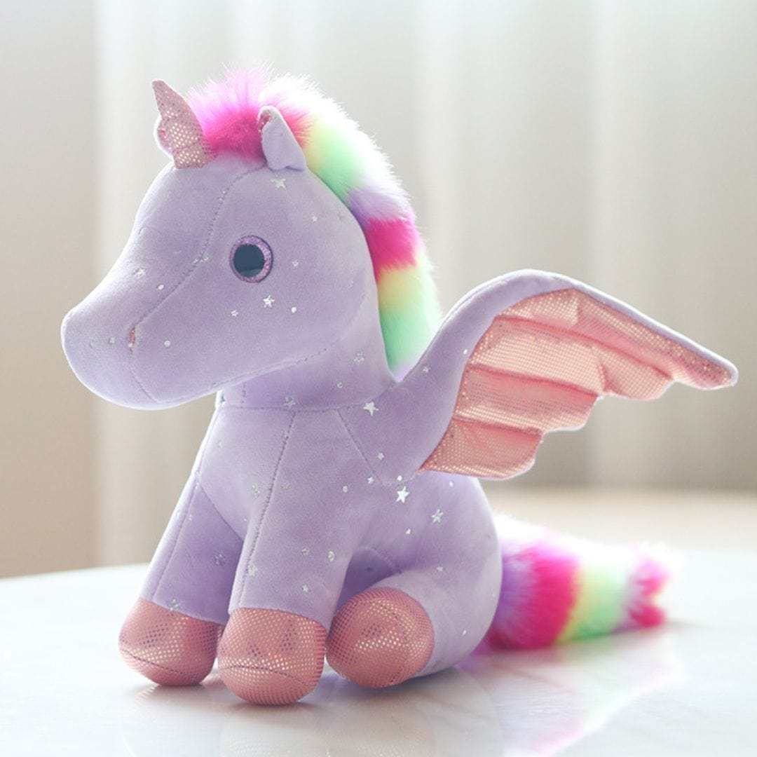 Rainbow Unicorn Plush Stuffed Animal with Glitter Wings Colorful Tail Glassy Eyes Gift for Kids Friends Purple