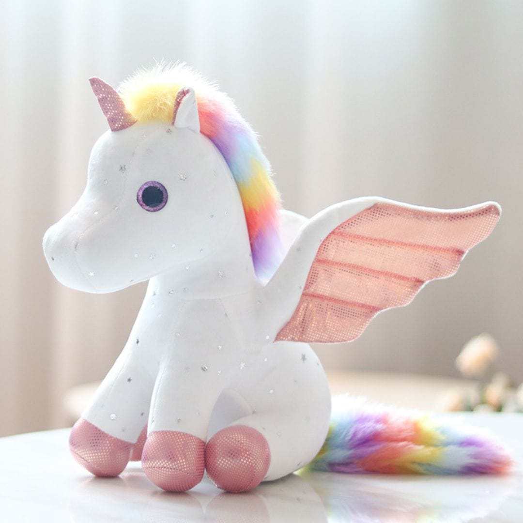 Rainbow Unicorn Plush Stuffed Animal with Glitter Wings Colorful Tail Glassy Eyes Gift for Kids Friends White