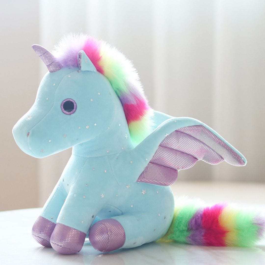Rainbow Unicorn Plush Stuffed Animal with Glitter Wings Colorful Tail Glassy Eyes Gift for Kids Friends Light Green