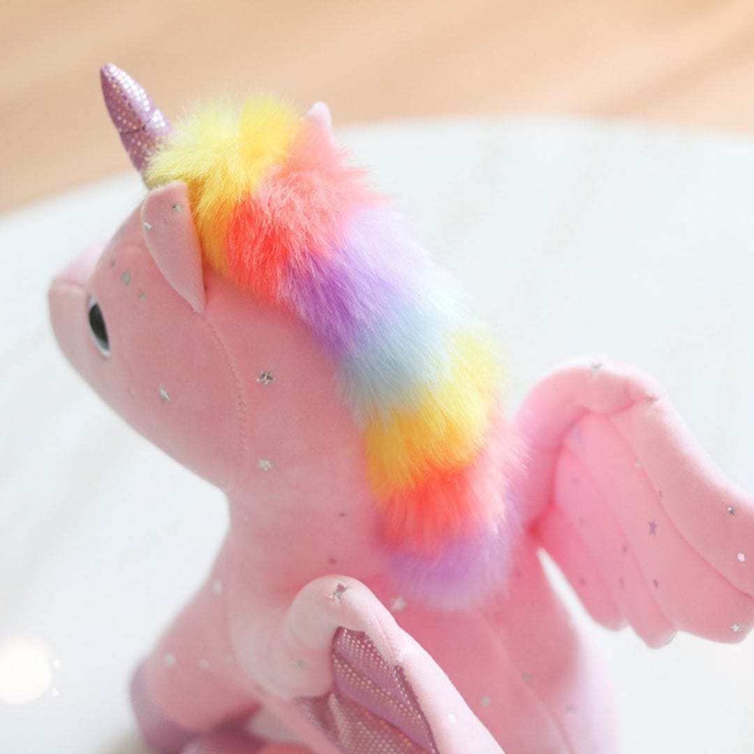 Rainbow Unicorn Plush Stuffed Animal with Glitter Wings Colorful Tail Glassy Eyes Gift for Kids Friends