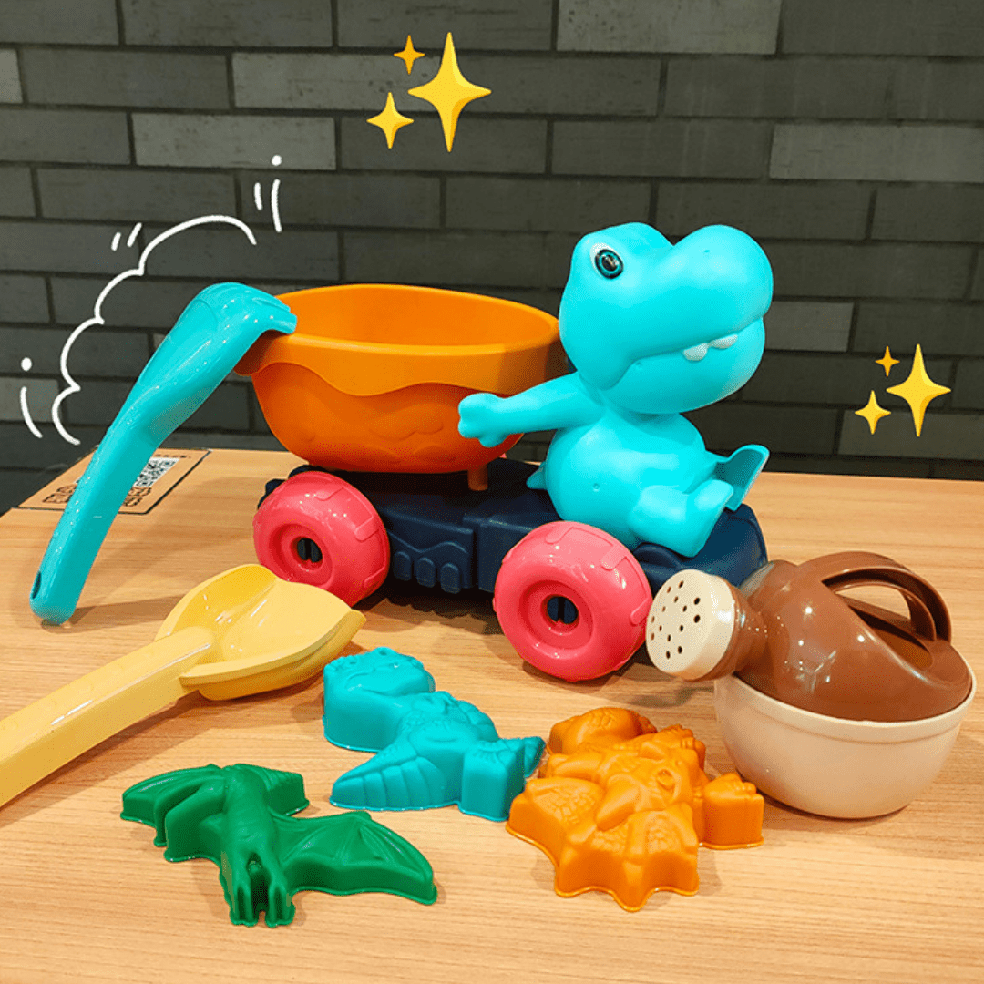 Dinosaur Sand Toys Beach Toys Set with Basket Molds Digger Scoop Shovel Tank Truck