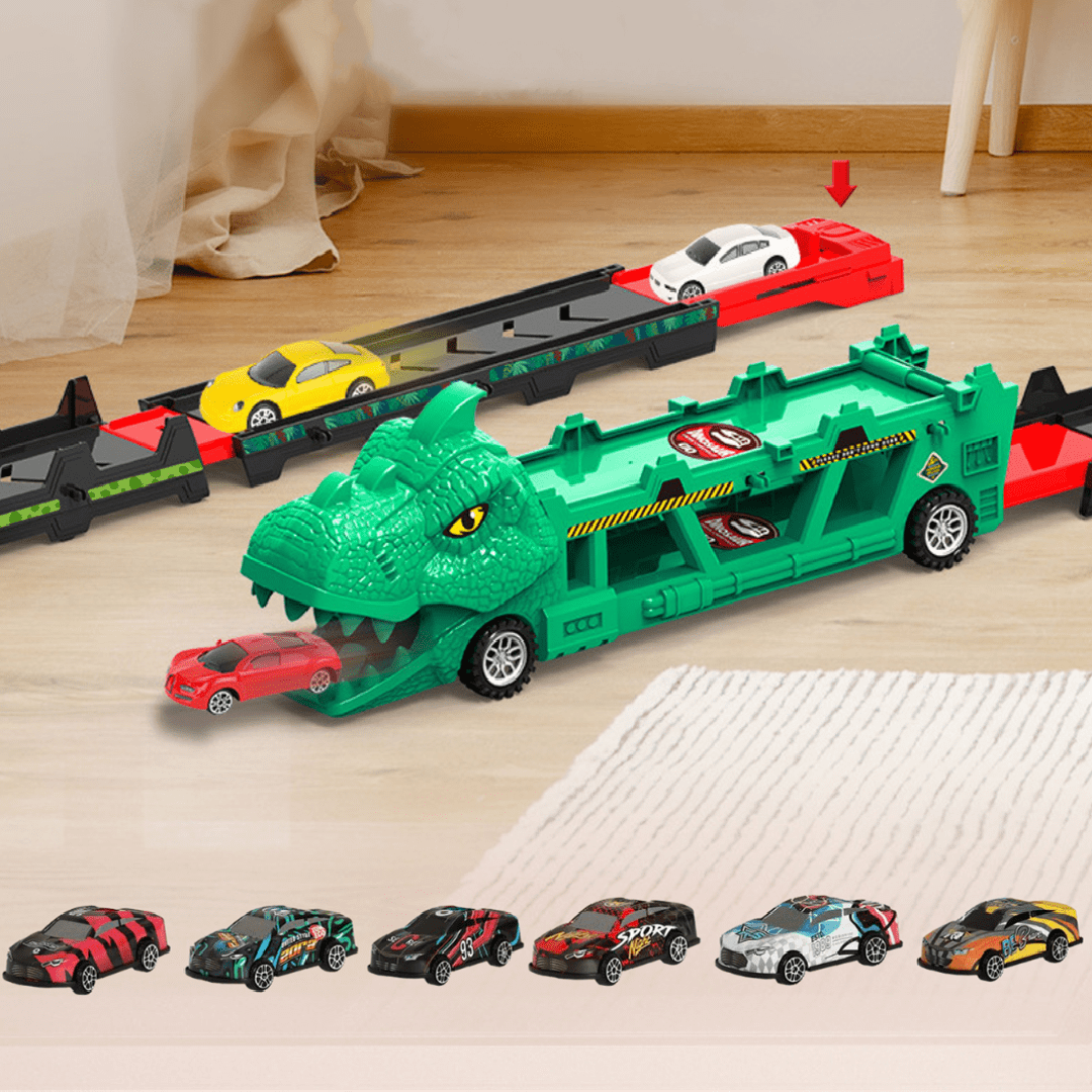 Foldable Ejection Dinosaur Toy Truck with 6 Alloy Race Cars Green