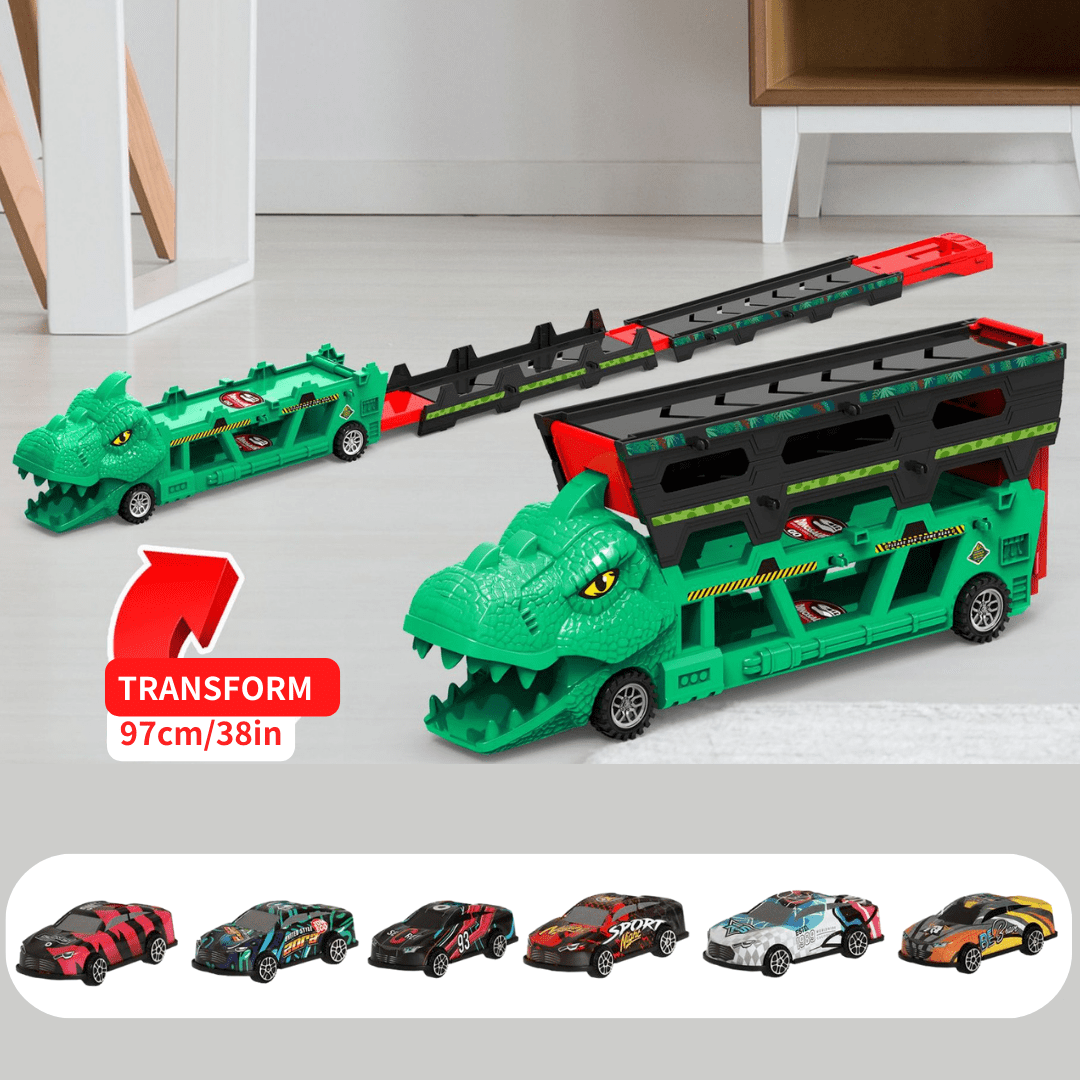 Foldable Ejection Dinosaur Toy Truck with 6 Alloy Race Cars Green