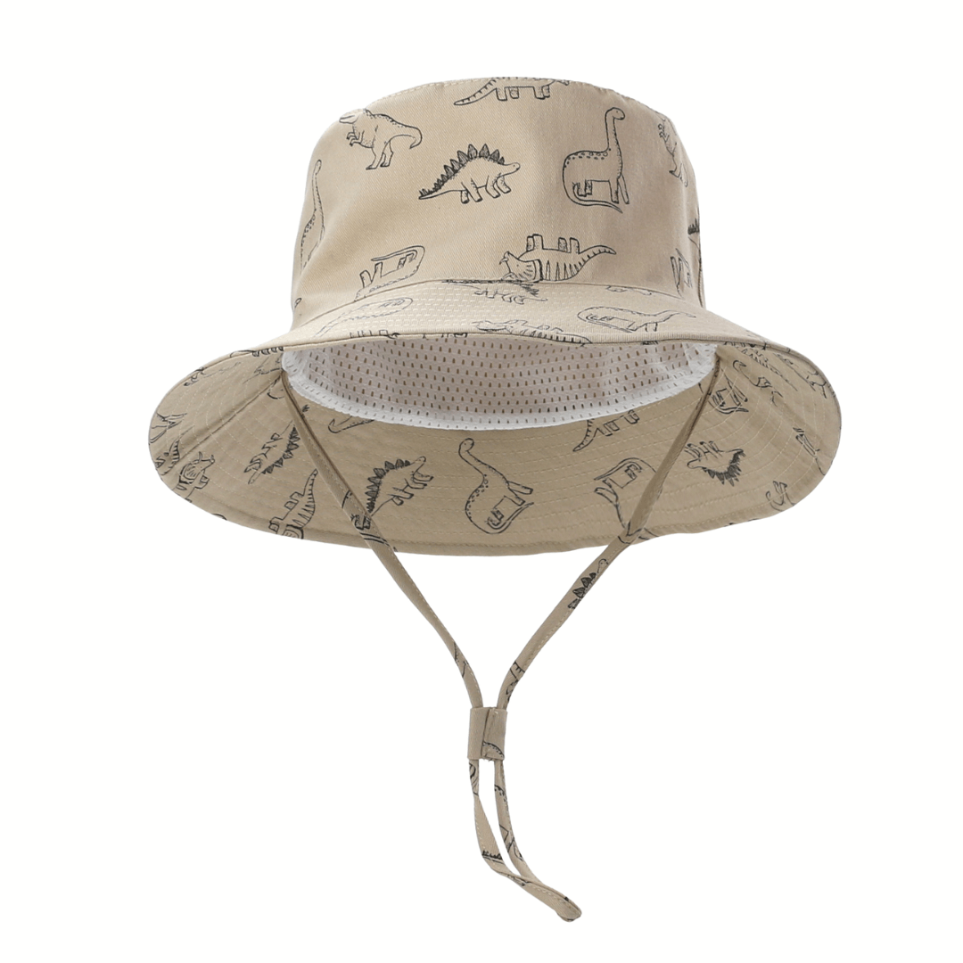 54cm Cute Dinosaur Bucket Hat Summer Beach Sun Hat UPF 50 for Kids 3-8 Years Khaki