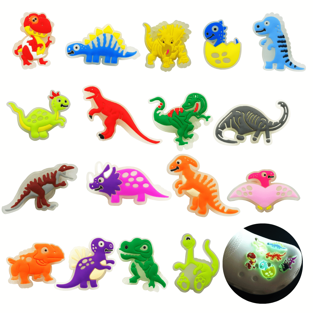 17 Pcs Dinosaur Shoe Charms for Clog Shoe & Bracelet Wristband Glow in the Dark PVC Pins 17 Pcs