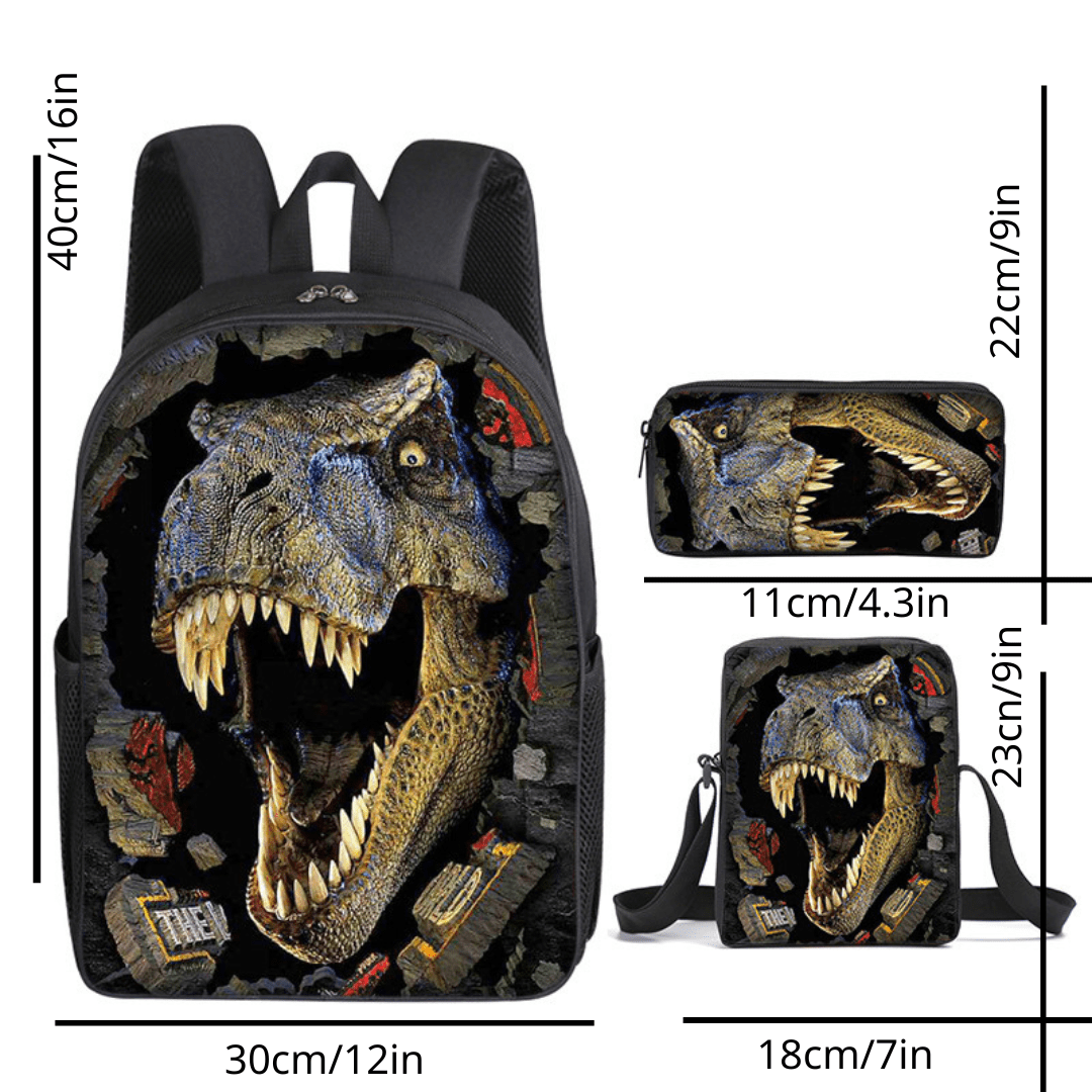 3 in 1 Dinosaur Print Backpack Set Messenger Bag Pen Case 16 Inch School Bag for Kids