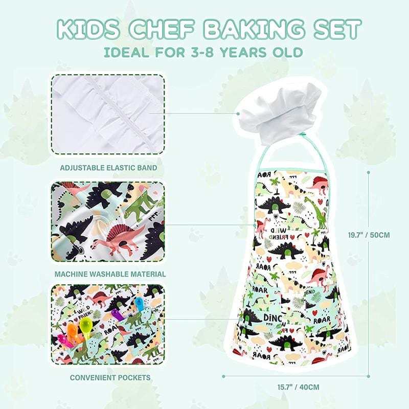 Real Cooking Baking Set for Kids with Dinosaur Apron Chef Costume Kitchen Role Playing Green