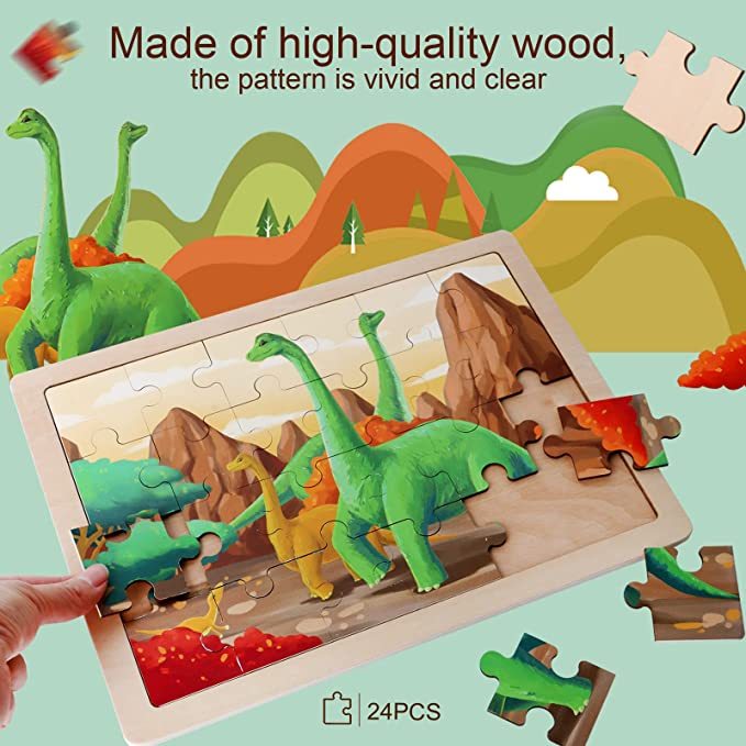 24 Pcs Wooden Dinosaur Jigsaw Puzzles for Kids