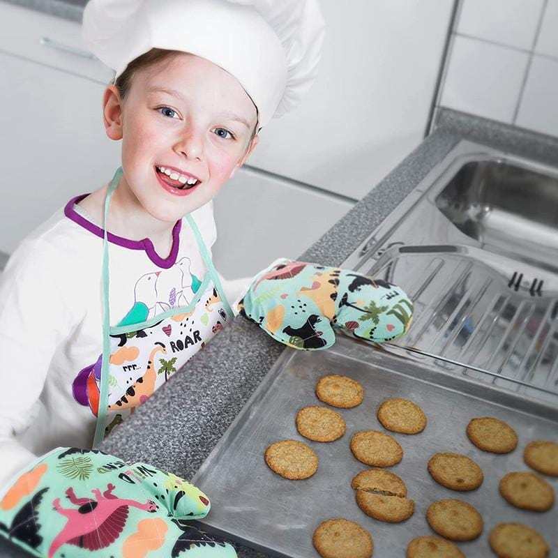 Real Cooking Baking Set for Kids with Dinosaur Apron Chef Costume Kitchen Role Playing Green