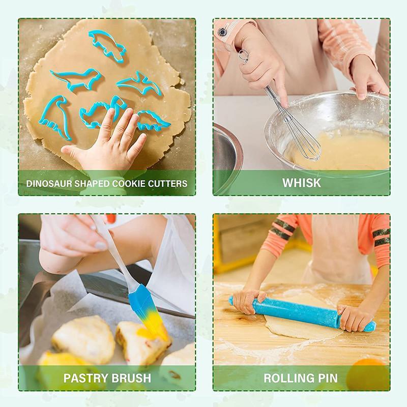 Real Cooking Baking Set for Kids with Dinosaur Apron Chef Costume Kitchen Role Playing Green