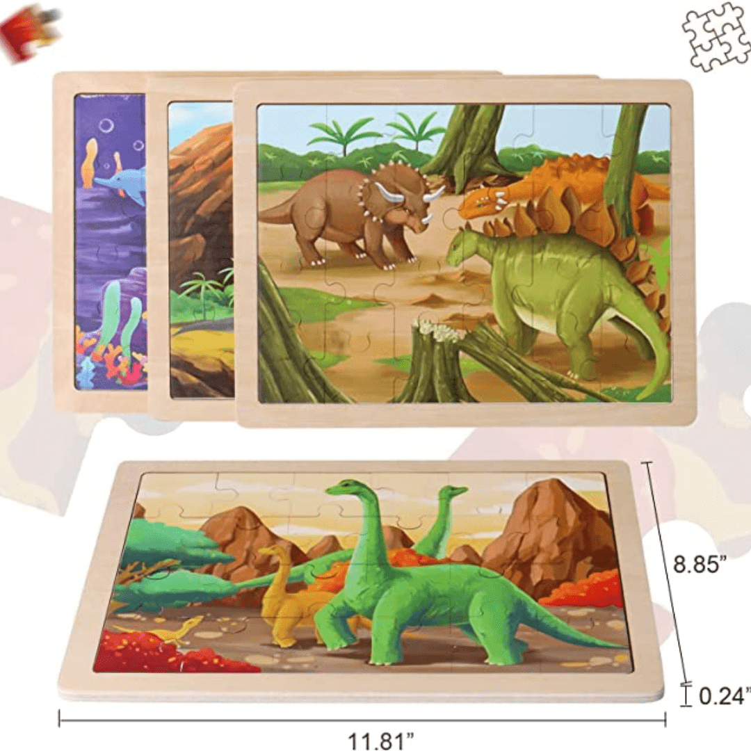 24 Pcs Wooden Dinosaur Jigsaw Puzzles for Kids