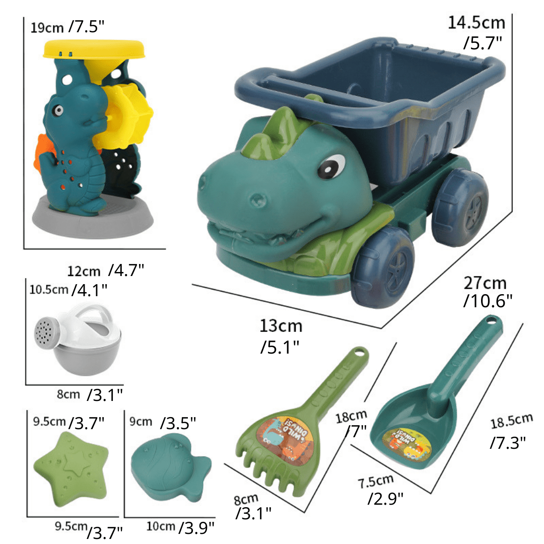 Dinosaur Sand Toys Beach Toys Set with Basket Molds Digger Scoop Shovel Tank Truck