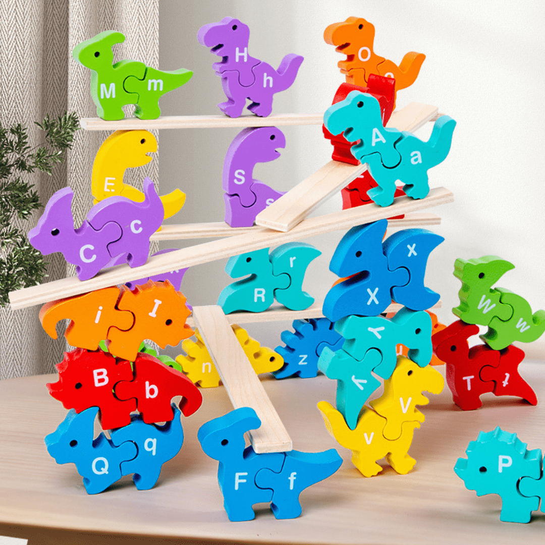 Wooden Jigsaw Dinosaur Blocks Alphabet Balance Jenga Game