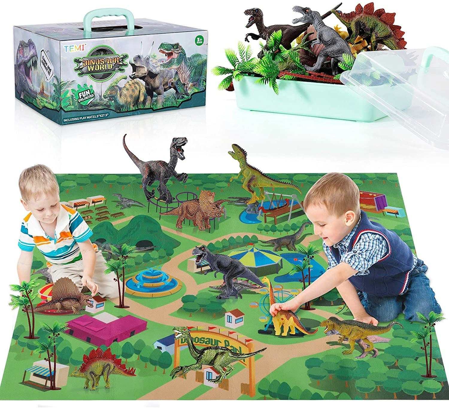 Educational Realistic Dinosaur Toys Figures Activity Play Mat Trees & Container Playset Standard Version