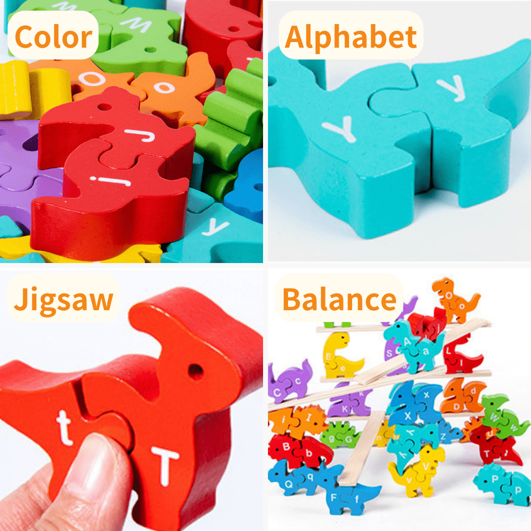 Wooden Jigsaw Dinosaur Blocks Alphabet Balance Jenga Game