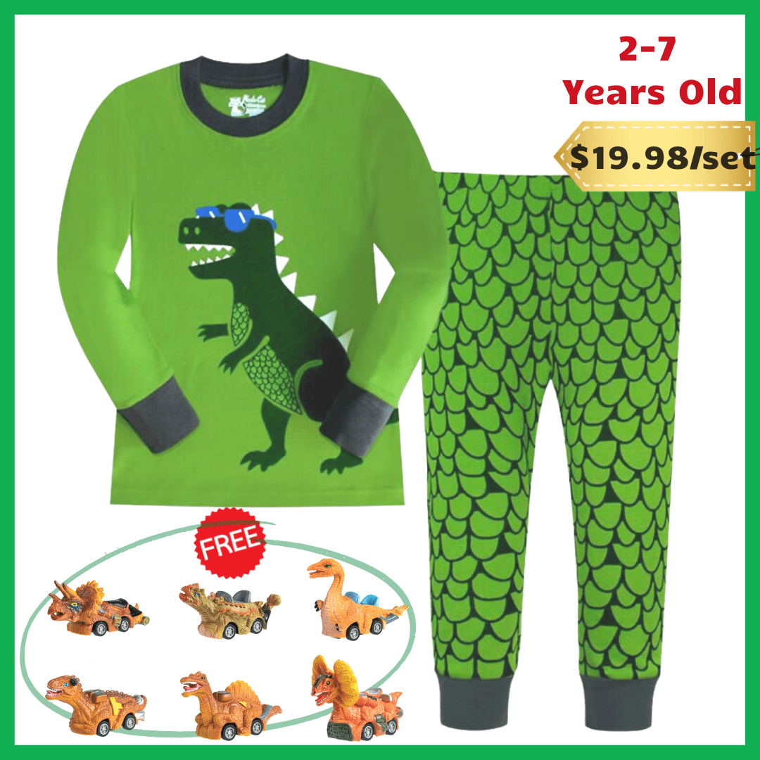 2-7 Years Old Kids Dinosaur Pajamas Set Christmas Theme Printed Soft Sleepwear Holiday Pjs Green Set / 2T