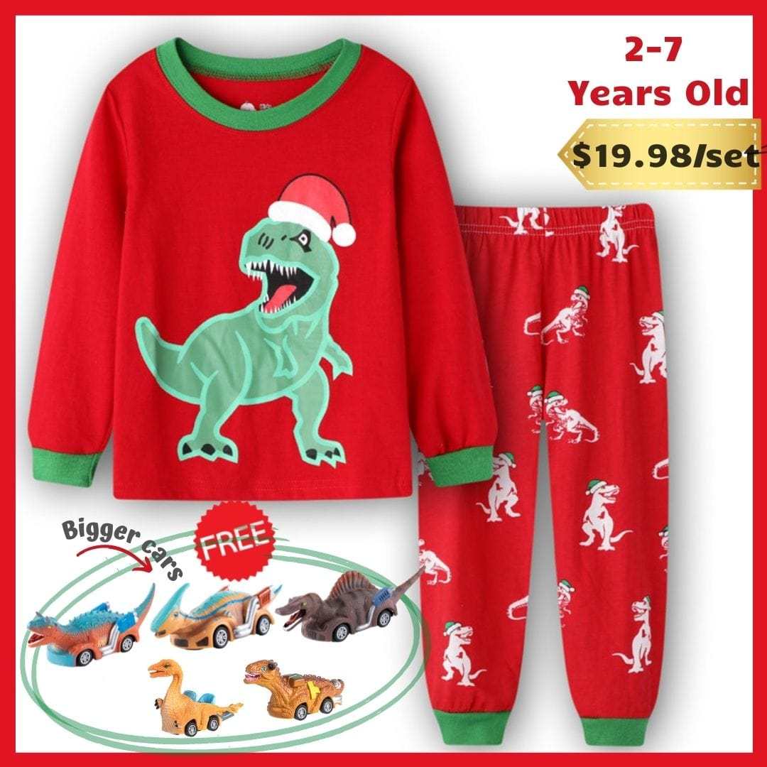 2-7 Years Old Kids Dinosaur Pajamas Set Christmas Theme Printed Soft Sleepwear Holiday Pjs Christmas Set(Red) / 2T