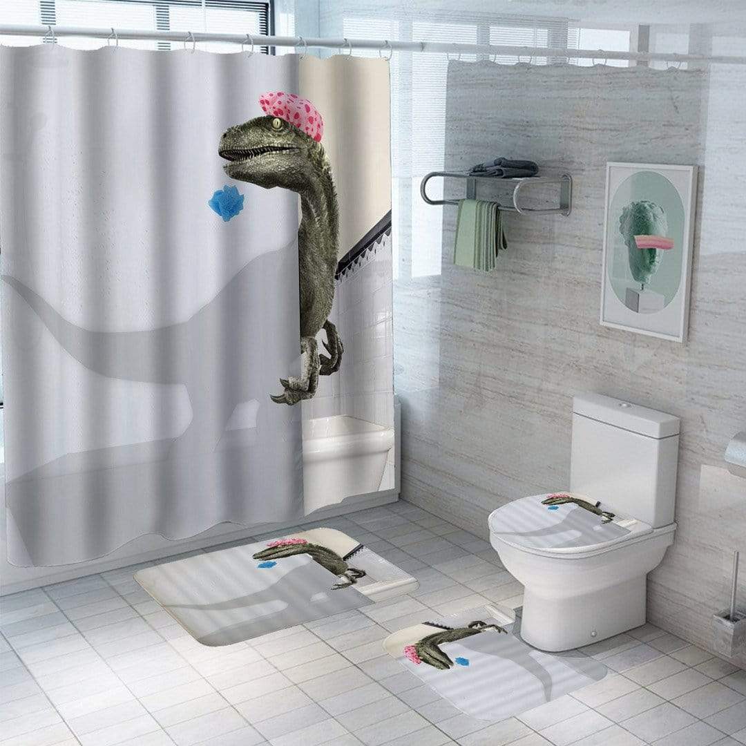3D Dinosaur Bathroom Decor Stall Curtain Lightproof Shower Curtain and Carpet Set