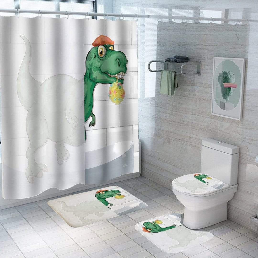 3D Dinosaur Bathroom Decor Stall Curtain Lightproof Shower Curtain and Carpet Set Green / 150×180CM