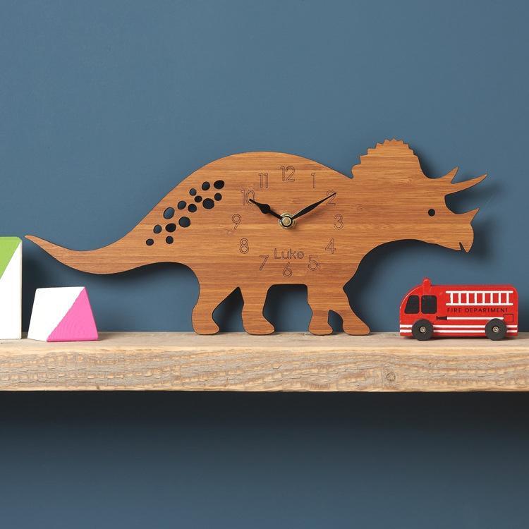 Wood Wall Clock Dinosaur T Rex Triceratops Quartz Clock Decoration for Kids Room