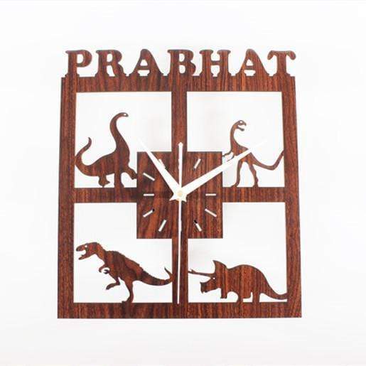 Wood Wall Clock Dinosaur T Rex Triceratops Quartz Clock Decoration for Kids Room Brown Square