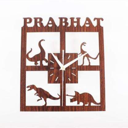 Wood Wall Clock Dinosaur T Rex Triceratops Quartz Clock Decoration for Kids Room Brown Square