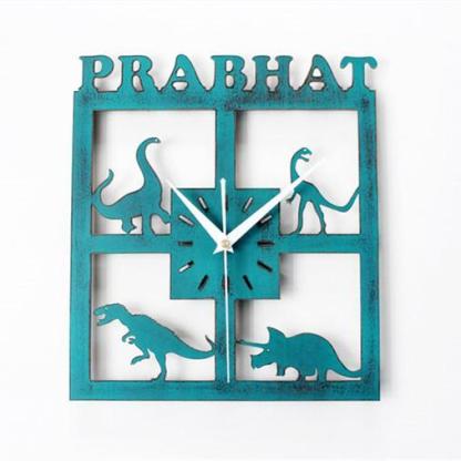 Wood Wall Clock Dinosaur T Rex Triceratops Quartz Clock Decoration for Kids Room Green Square