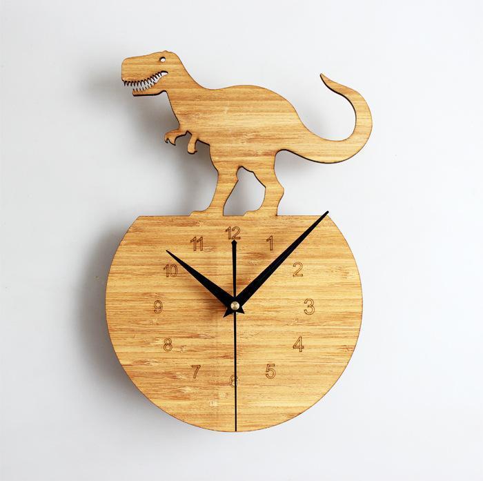 Wood Wall Clock Dinosaur T Rex Triceratops Quartz Clock Decoration for Kids Room Round Wood T Rex