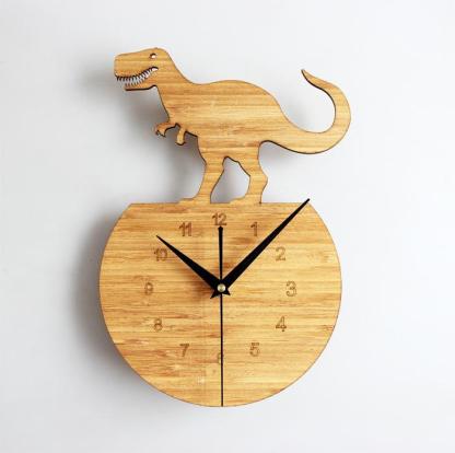 Wood Wall Clock Dinosaur T Rex Triceratops Quartz Clock Decoration for Kids Room Round Wood T Rex