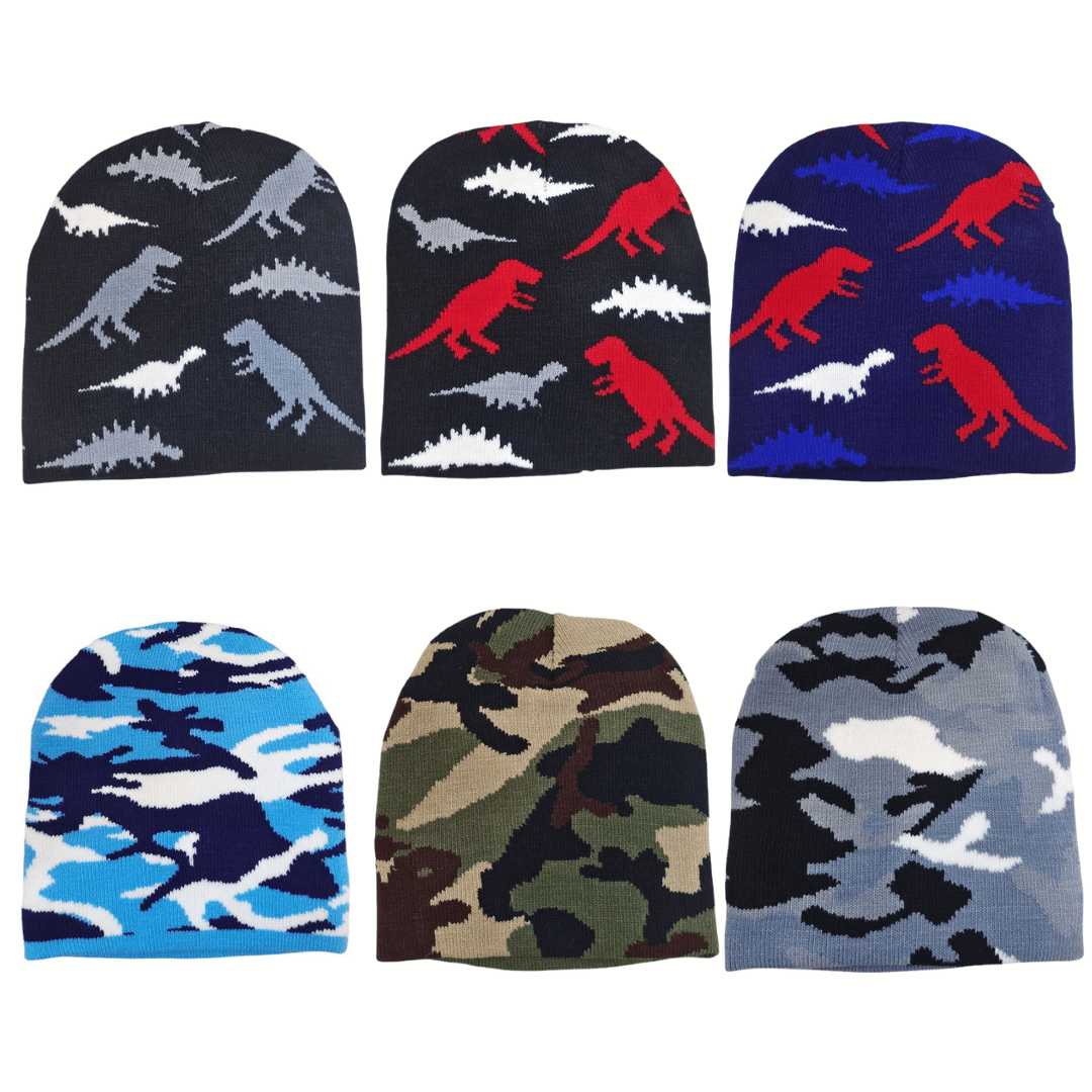 40-54cm Dinosaur Beanie Knitted Hat Camouflage Warm Winter Hat for Toddler Kids 2-9