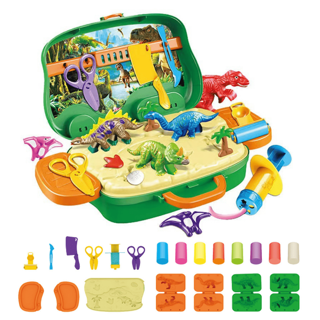 24 PCS Dinosaur Play Dough Set Portable 8 Colors Mud Kit with Tools Creation Toys for Kids Suitcase