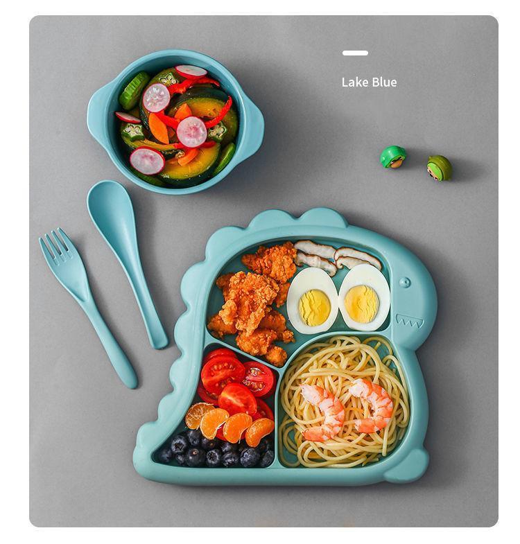 Kids Cartoon Dinosaur Divided Plate Set with Bowl Spoon Fork Microwave Safe BPA Free Lake Blue