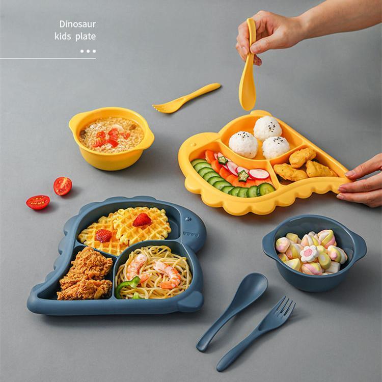 Kids Cartoon Dinosaur Divided Plate Set with Bowl Spoon Fork Microwave Safe BPA Free