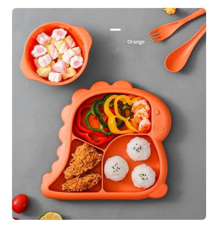 Kids Cartoon Dinosaur Divided Plate Set with Bowl Spoon Fork Microwave Safe BPA Free Orange