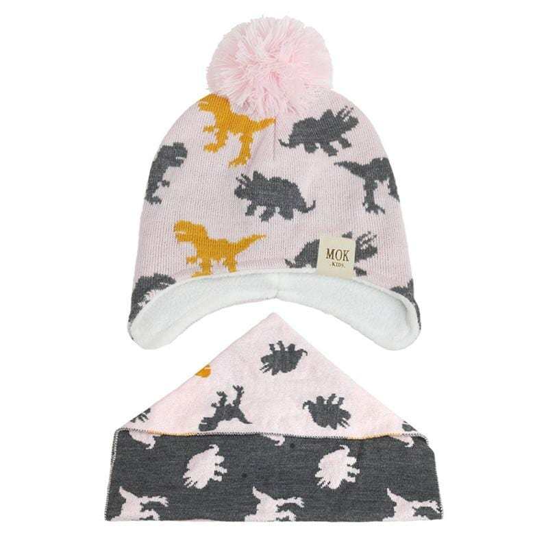 3 Months to 8 Years Kids Knitted Dinosaur Hat Scarf Set Fleece Lining with Pompom Pink / 3-18M