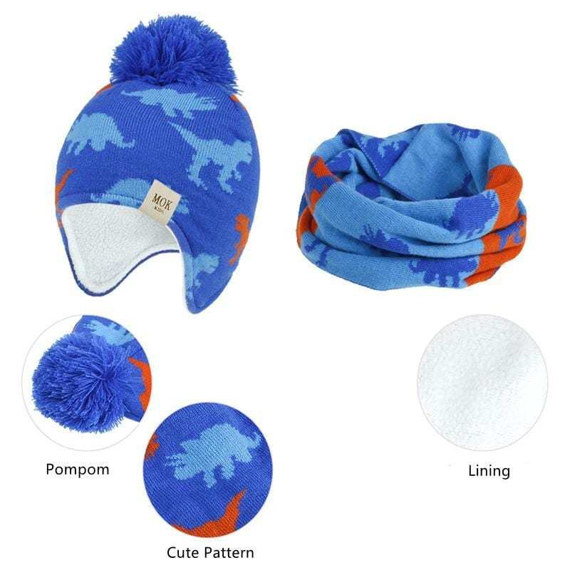 3 Months to 8 Years Kids Knitted Dinosaur Hat Scarf Set Fleece Lining with Pompom