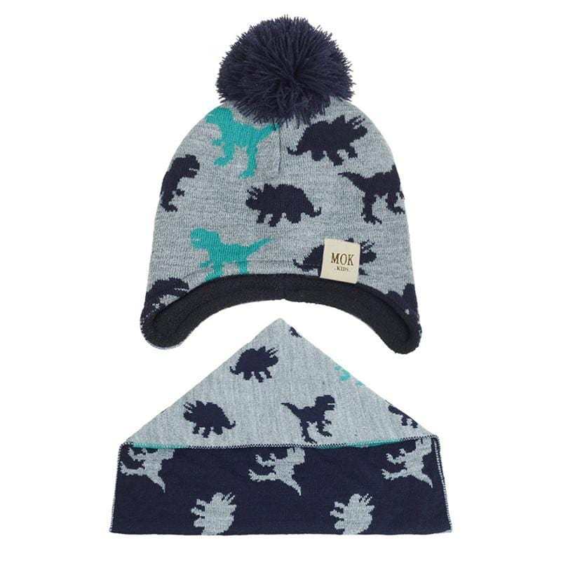 3 Months to 8 Years Kids Knitted Dinosaur Hat Scarf Set Fleece Lining with Pompom