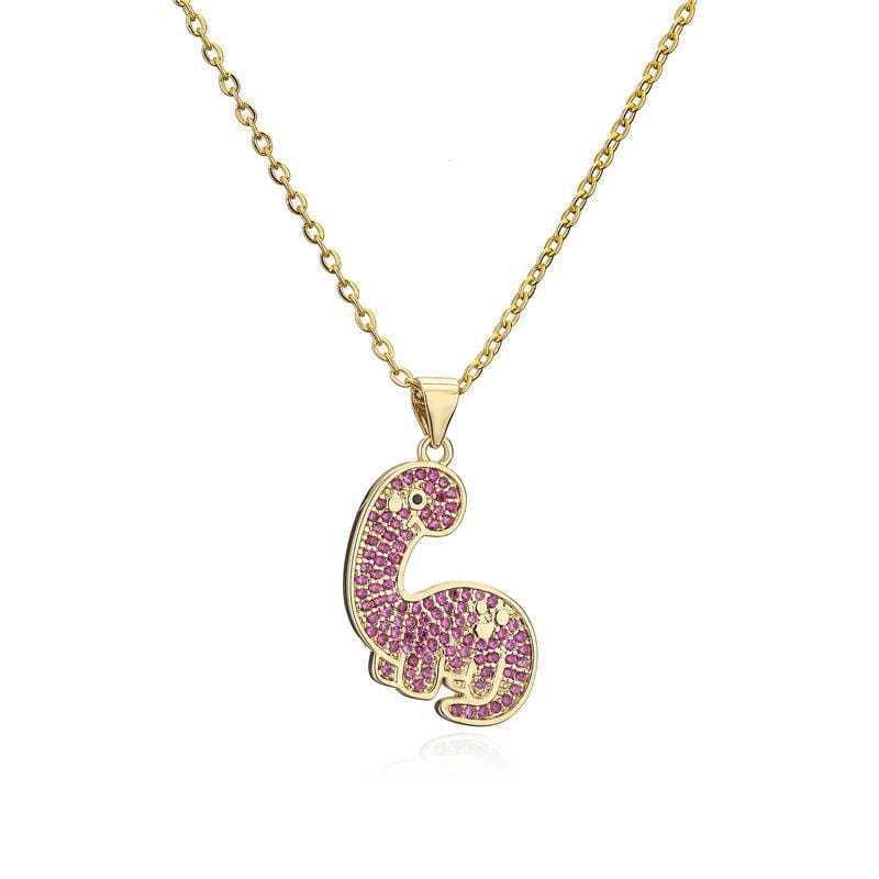 Dinosaur Series Micro inlaid Color Zirconium Pendant Necklace Pink Brachiosaurus