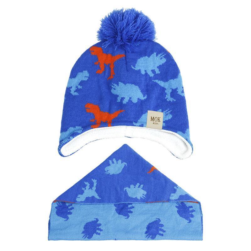 3 Months to 8 Years Kids Knitted Dinosaur Hat Scarf Set Fleece Lining with Pompom Blue / 3-18M