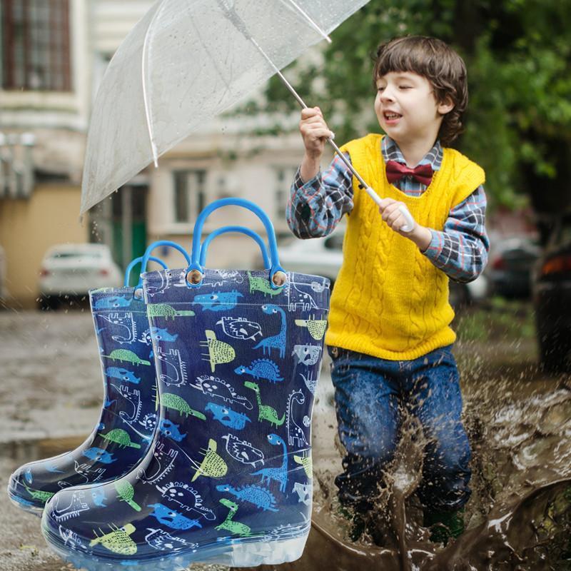 Dinosaur Rain Boots with Easy Handles Dinosaur Pattern Waterproof Rubber Toddlers Kids