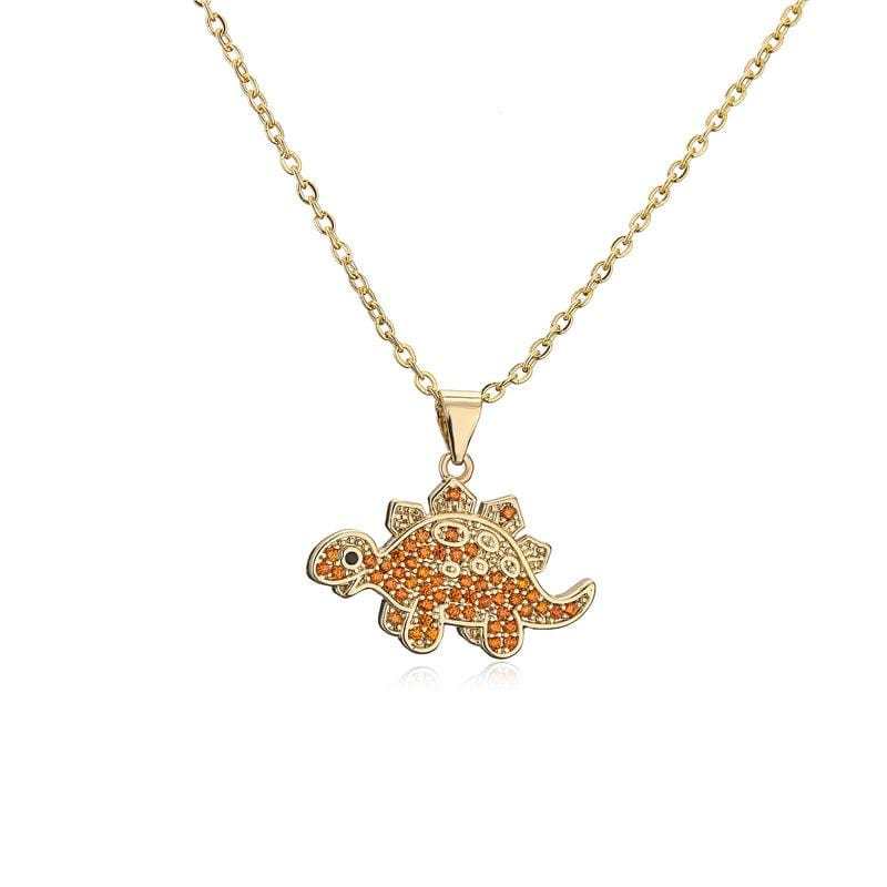 Dinosaur Series Micro inlaid Color Zirconium Pendant Necklace Orange Stegosaurus