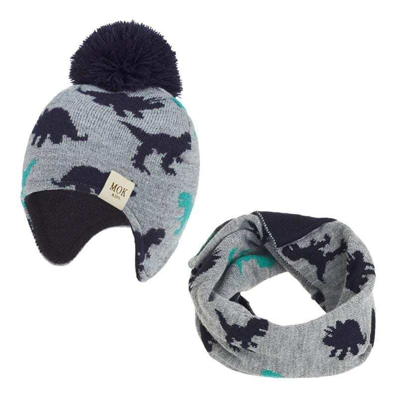 3 Months to 8 Years Kids Knitted Dinosaur Hat Scarf Set Fleece Lining with Pompom Dark Gray / 3-18M