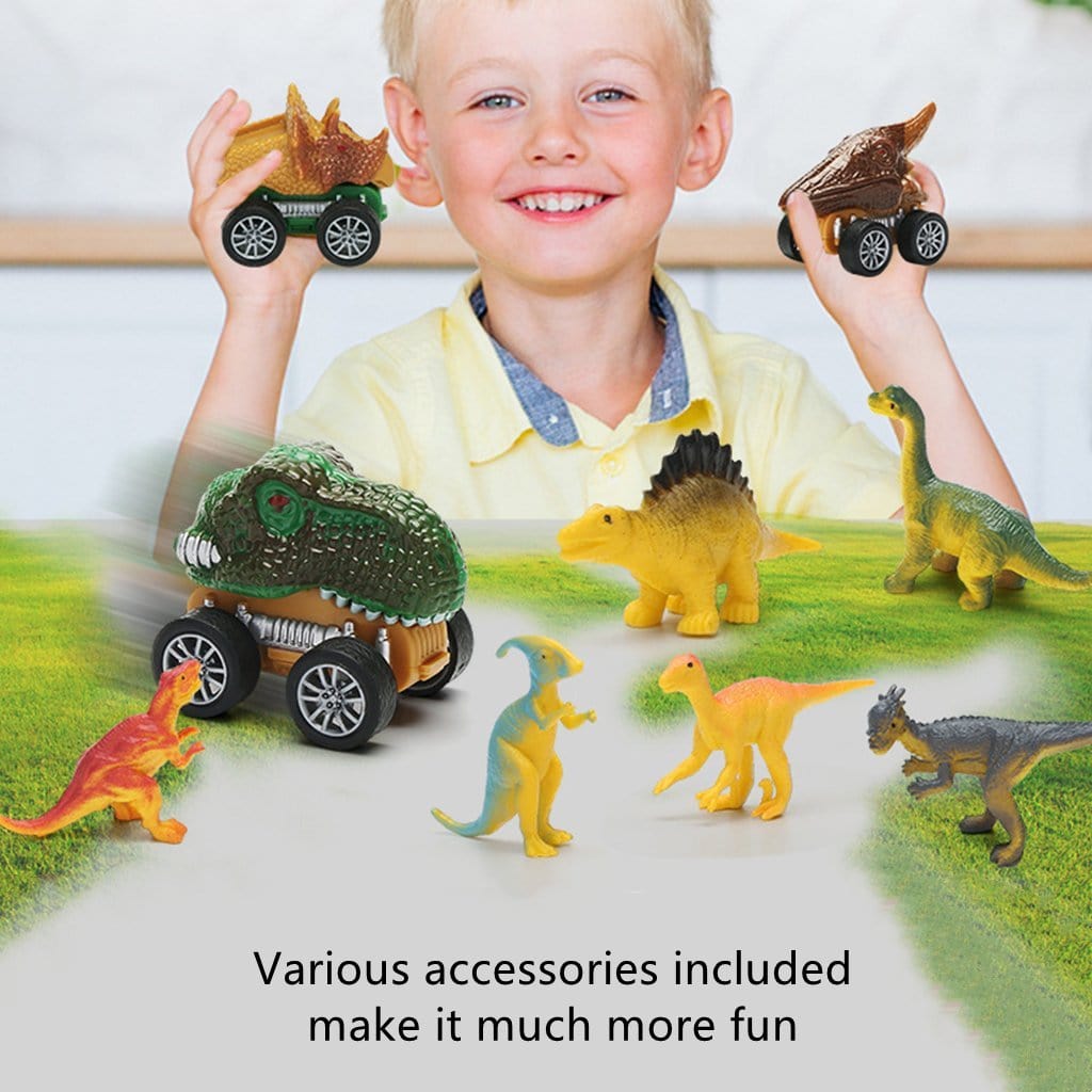 Dinosaur Toy Truck with Pull Back Cars and Figure Flashing Light and Music Carrier Truck